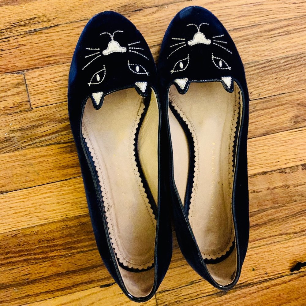 Charlotte Olympia Black Velvet Kitty Flats with Silver Embroidery